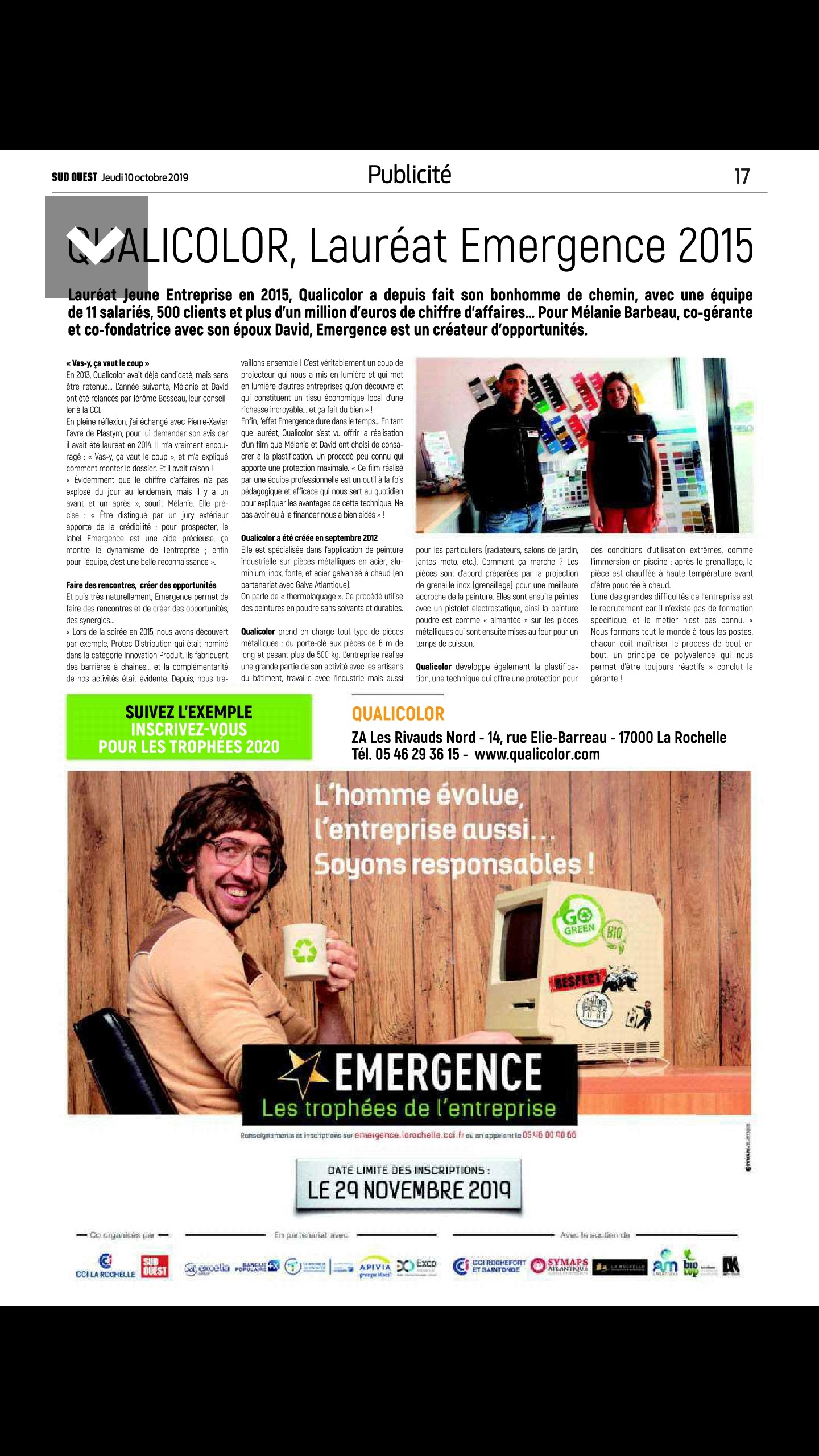 Article SUD OUEST 2019 QUALICOLOR lauréat Emergence 2015 (concours CCI La Rochelle)